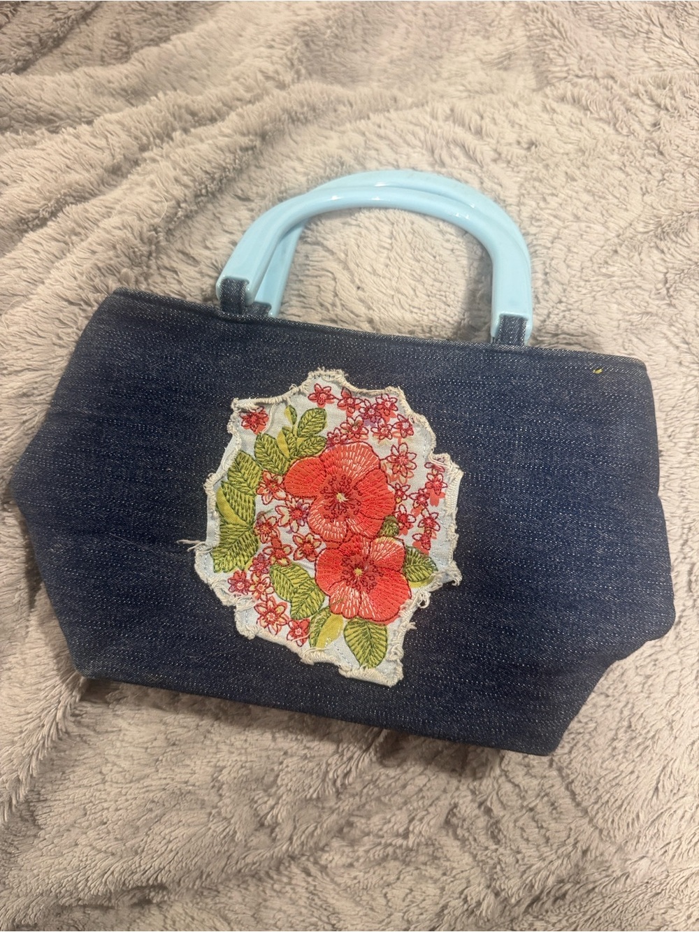 Denim Handbag with Floral Patch and Light Blue Handles